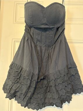 Strapless Ruffled Eyelet Mini Dress - Charcoal Gray